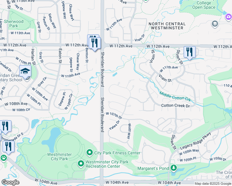 map of restaurants, bars, coffee shops, grocery stores, and more near 5027 West 108th Circle in Westminster