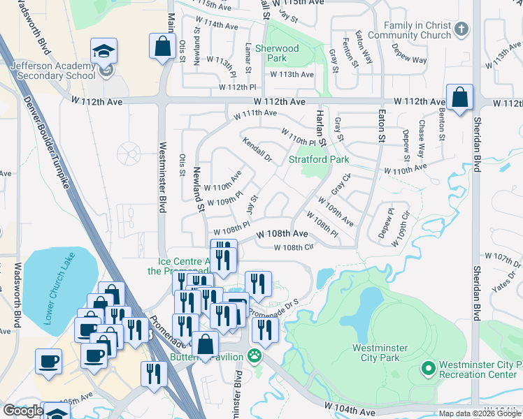map of restaurants, bars, coffee shops, grocery stores, and more near 6140 West 108th Place in Broomfield