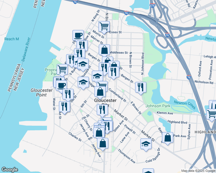 map of restaurants, bars, coffee shops, grocery stores, and more near 114-116 Broadway in Gloucester City