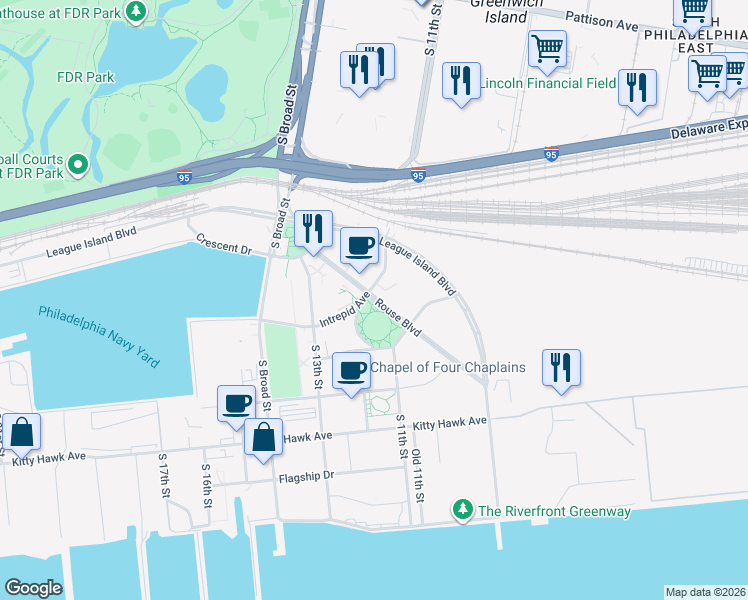 map of restaurants, bars, coffee shops, grocery stores, and more near 5000 South 11th Street in Philadelphia