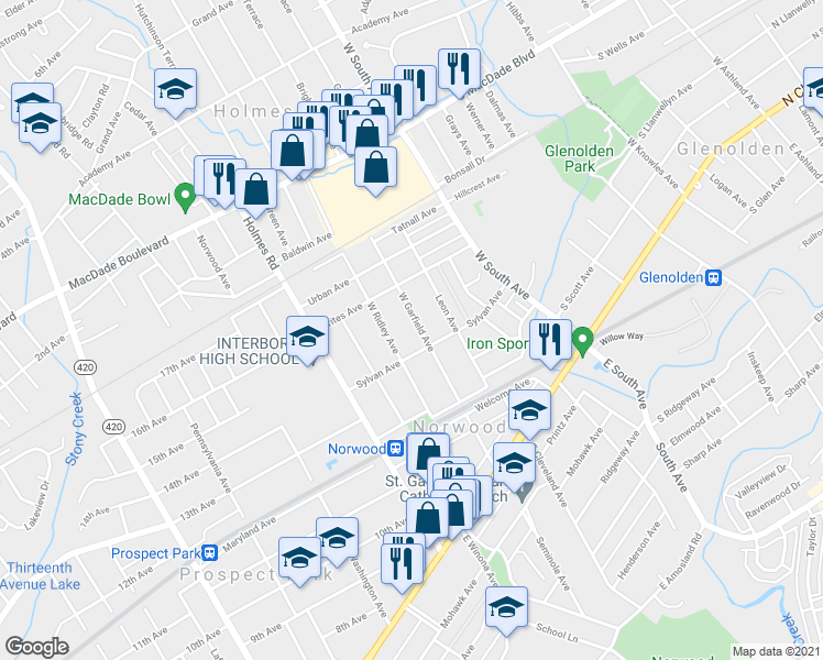 map of restaurants, bars, coffee shops, grocery stores, and more near 305 Sylvan Avenue in Norwood