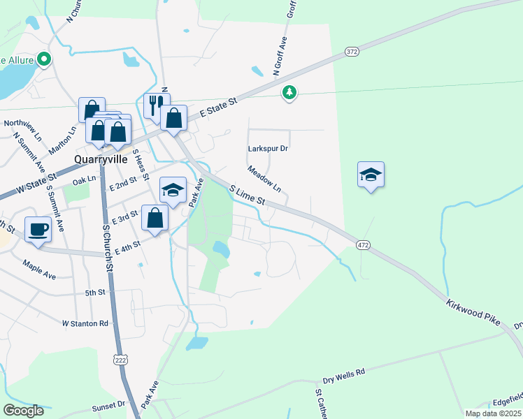 map of restaurants, bars, coffee shops, grocery stores, and more near 170 South Lime Street in Quarryville