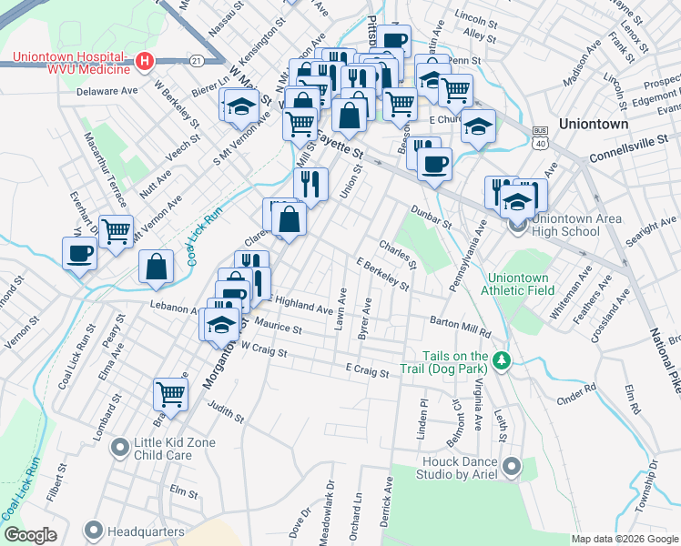 map of restaurants, bars, coffee shops, grocery stores, and more near 43 Lawn Avenue in Uniontown