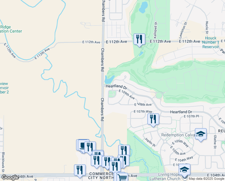 map of restaurants, bars, coffee shops, grocery stores, and more near East 109th Avenue in Commerce City