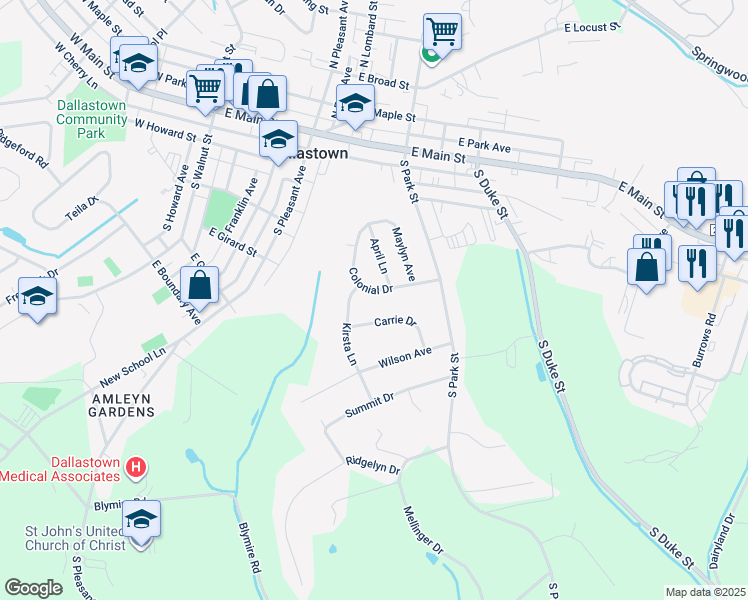 map of restaurants, bars, coffee shops, grocery stores, and more near 641 Colonial Drive in Dallastown