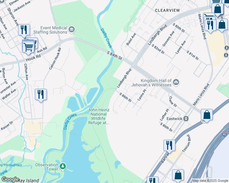map of restaurants, bars, coffee shops, grocery stores, and more near 8600 Lindbergh Boulevard in Philadelphia