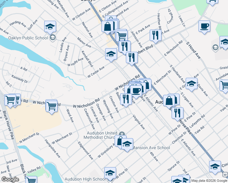 map of restaurants, bars, coffee shops, grocery stores, and more near 24 Beloit Avenue in Audubon