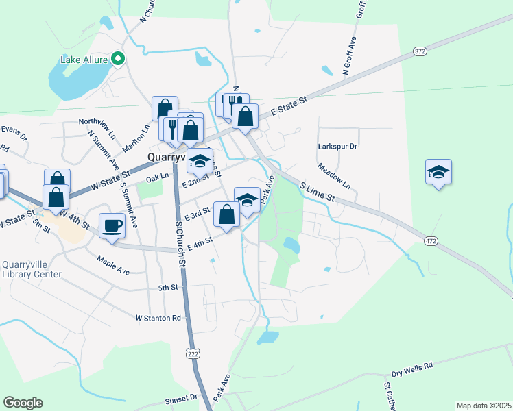 map of restaurants, bars, coffee shops, grocery stores, and more near 216 Park Avenue in Quarryville