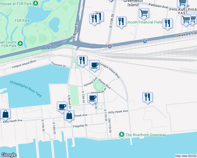 map of restaurants, bars, coffee shops, grocery stores, and more near 300 Rouse Boulevard in Philadelphia