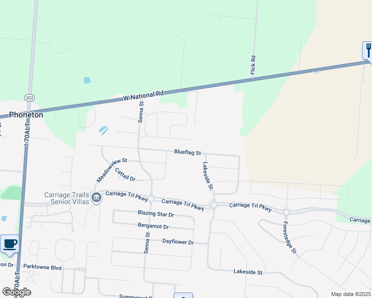 map of restaurants, bars, coffee shops, grocery stores, and more near 2693 Blueflag Street in Tipp City