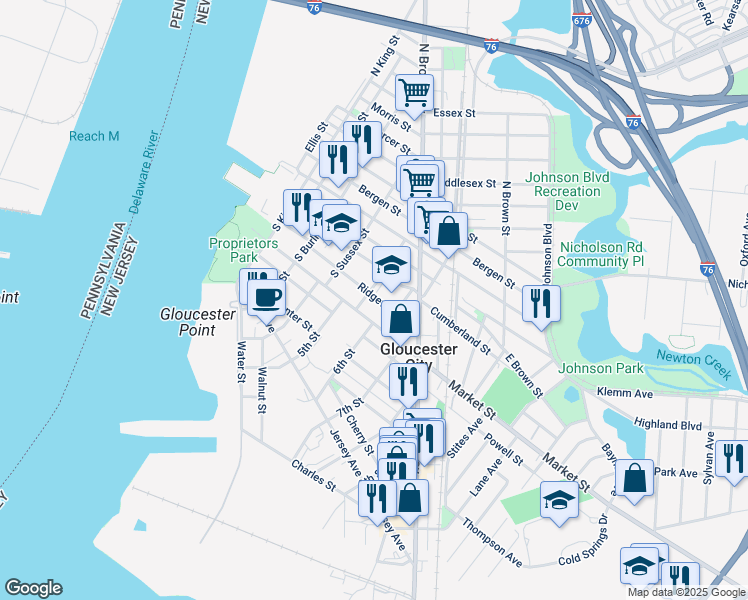 map of restaurants, bars, coffee shops, grocery stores, and more near in Gloucester City