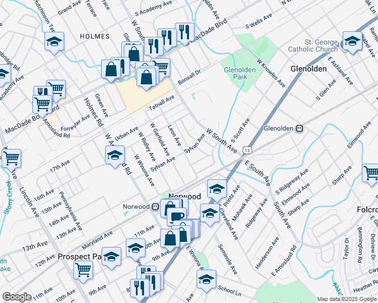 map of restaurants, bars, coffee shops, grocery stores, and more near 111 Leon Avenue in Norwood