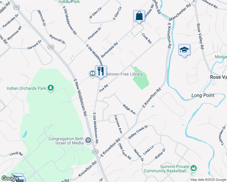 map of restaurants, bars, coffee shops, grocery stores, and more near 121 Spring Street in Media