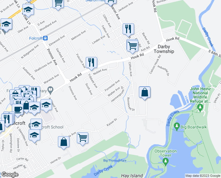 map of restaurants, bars, coffee shops, grocery stores, and more near 1519 Forrester Avenue in Sharon Hill