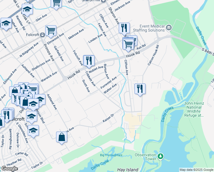 map of restaurants, bars, coffee shops, grocery stores, and more near 1519 Forrester Avenue in Sharon Hill