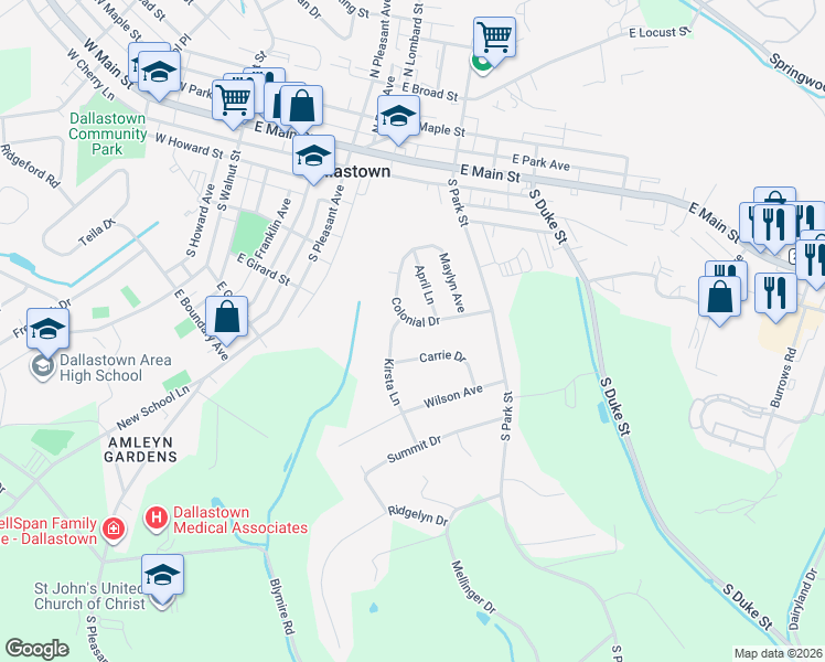 map of restaurants, bars, coffee shops, grocery stores, and more near 602 Carrie Drive in Dallastown