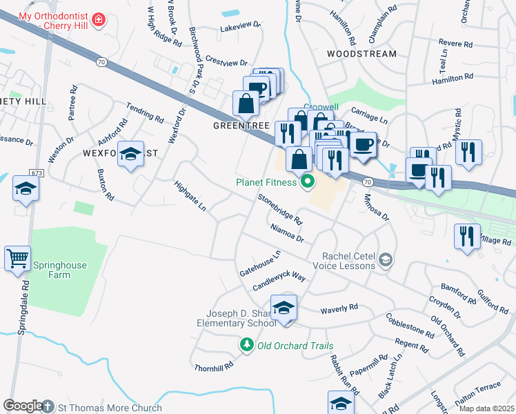 map of restaurants, bars, coffee shops, grocery stores, and more near 103 Old Orchard Road in Cherry Hill
