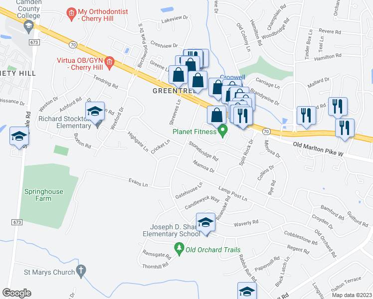 map of restaurants, bars, coffee shops, grocery stores, and more near 103 Old Orchard Road in Cherry Hill
