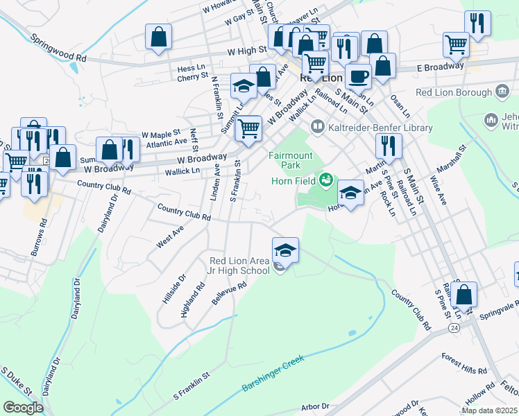 map of restaurants, bars, coffee shops, grocery stores, and more near 121 Householder Avenue in Red Lion