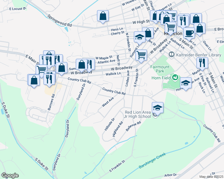 map of restaurants, bars, coffee shops, grocery stores, and more near 601 Country Club Road in Red Lion