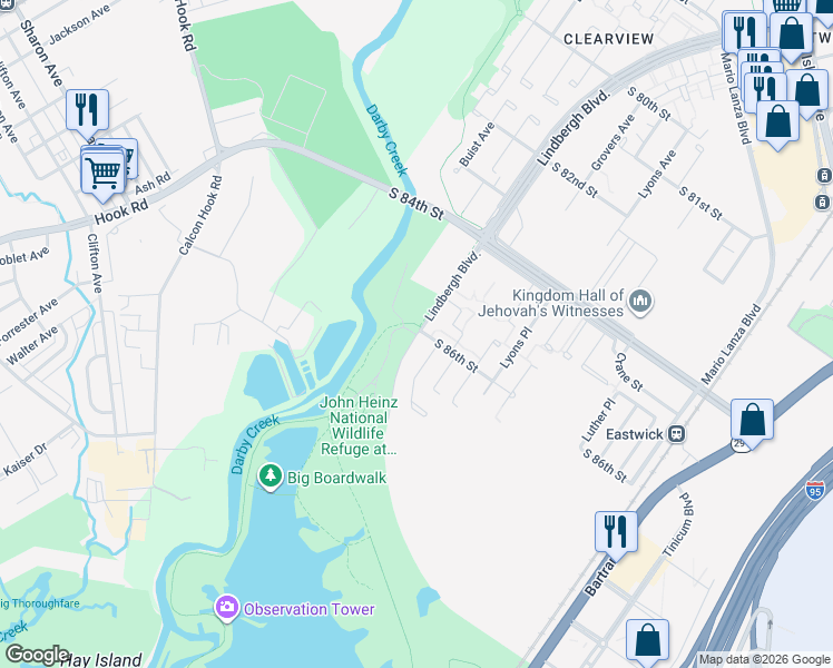 map of restaurants, bars, coffee shops, grocery stores, and more near 8600 Lindbergh Boulevard in Philadelphia