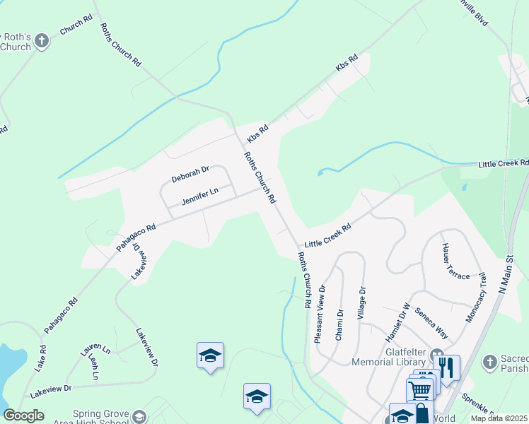 map of restaurants, bars, coffee shops, grocery stores, and more near 1168 Roth Church Road in Spring Grove