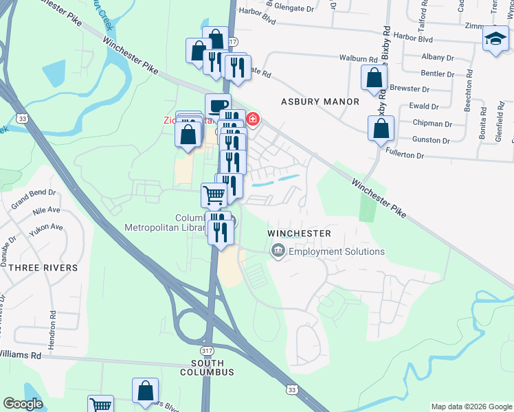map of restaurants, bars, coffee shops, grocery stores, and more near 4436 Earlsfield Loop in Groveport