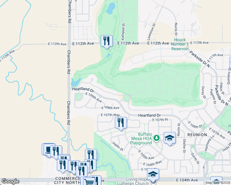 map of restaurants, bars, coffee shops, grocery stores, and more near 15861 Fairway Drive in Commerce City