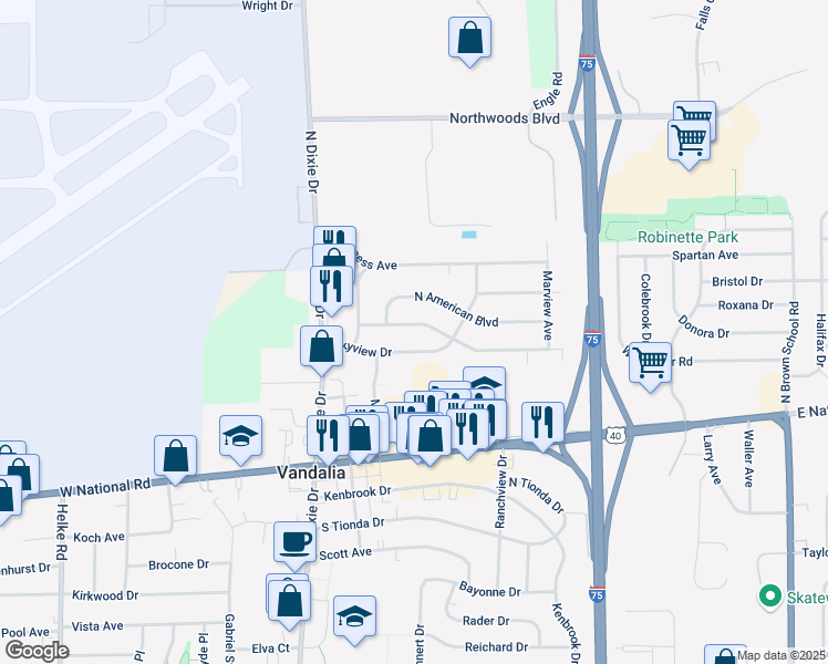 map of restaurants, bars, coffee shops, grocery stores, and more near 234 North American Boulevard in Vandalia