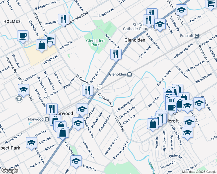 map of restaurants, bars, coffee shops, grocery stores, and more near 403 Chester Pike in Glenolden