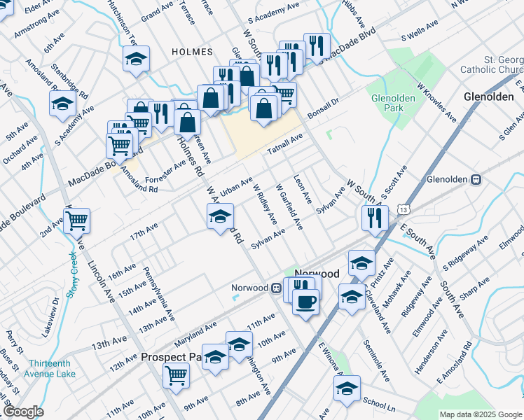 map of restaurants, bars, coffee shops, grocery stores, and more near 245 West Ridley Avenue in Norwood