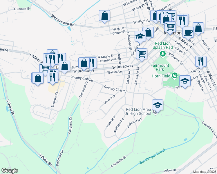 map of restaurants, bars, coffee shops, grocery stores, and more near 651 Country Club Road in Red Lion