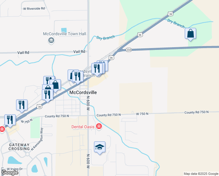 map of restaurants, bars, coffee shops, grocery stores, and more near 5921 West Broadway in McCordsville
