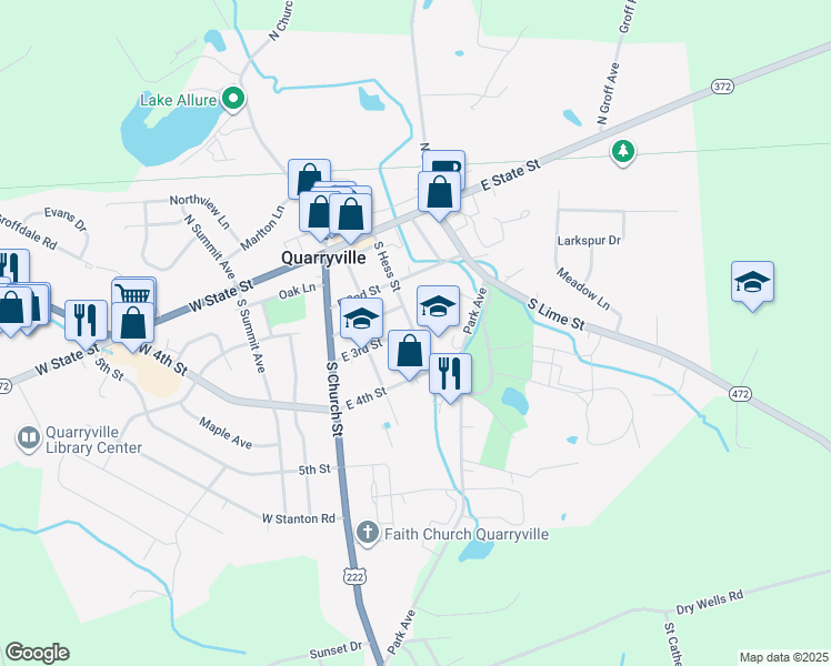 map of restaurants, bars, coffee shops, grocery stores, and more near 211 South Hess Street in Quarryville