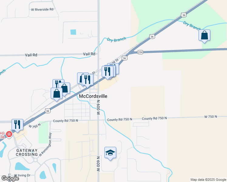map of restaurants, bars, coffee shops, grocery stores, and more near 5949 West Broadway in McCordsville