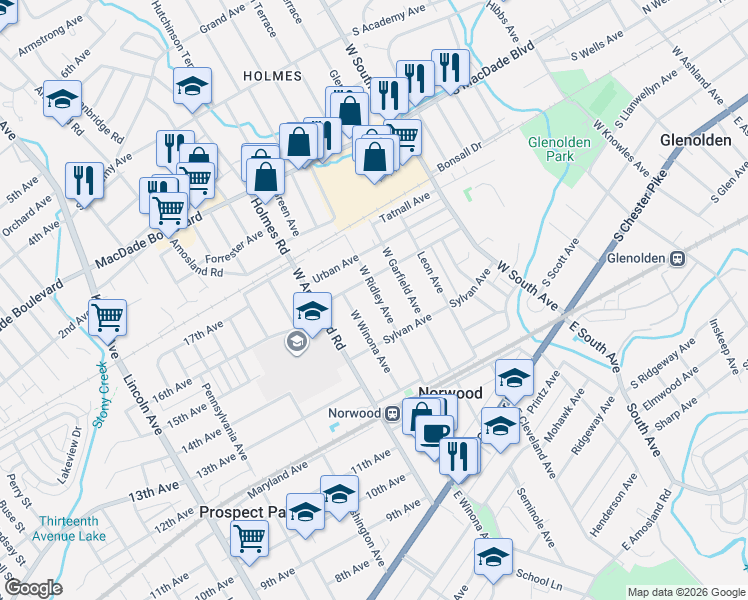 map of restaurants, bars, coffee shops, grocery stores, and more near 245 West Ridley Avenue in Norwood