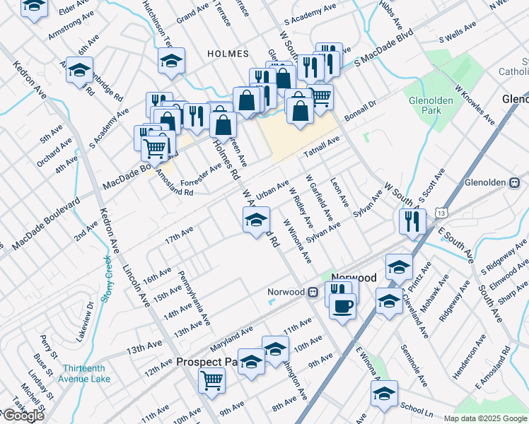 map of restaurants, bars, coffee shops, grocery stores, and more near 301 West Amosland Road in Norwood