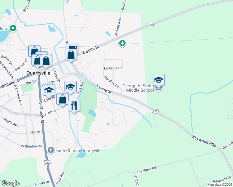 map of restaurants, bars, coffee shops, grocery stores, and more near 171 South Lime Street in Quarryville