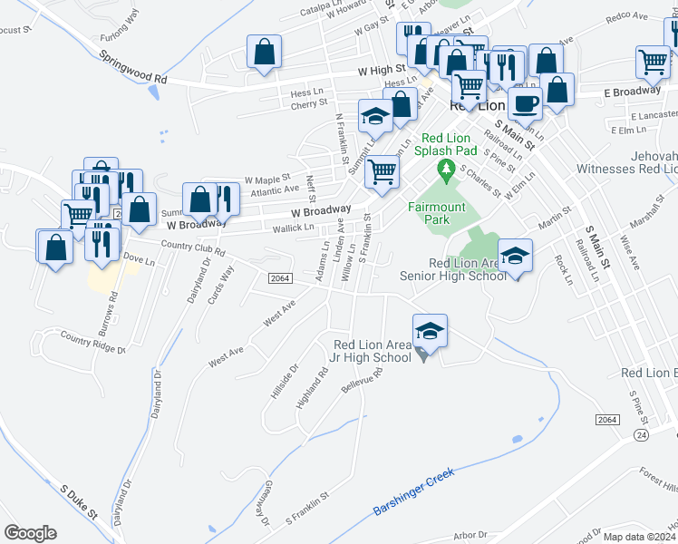 map of restaurants, bars, coffee shops, grocery stores, and more near 161 Linden Avenue in Red Lion