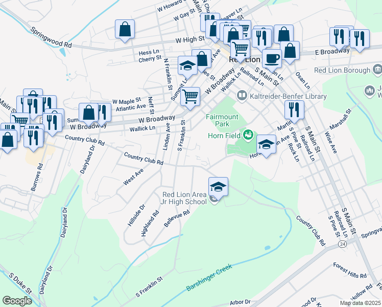 map of restaurants, bars, coffee shops, grocery stores, and more near 127 South Franklin Street in Red Lion