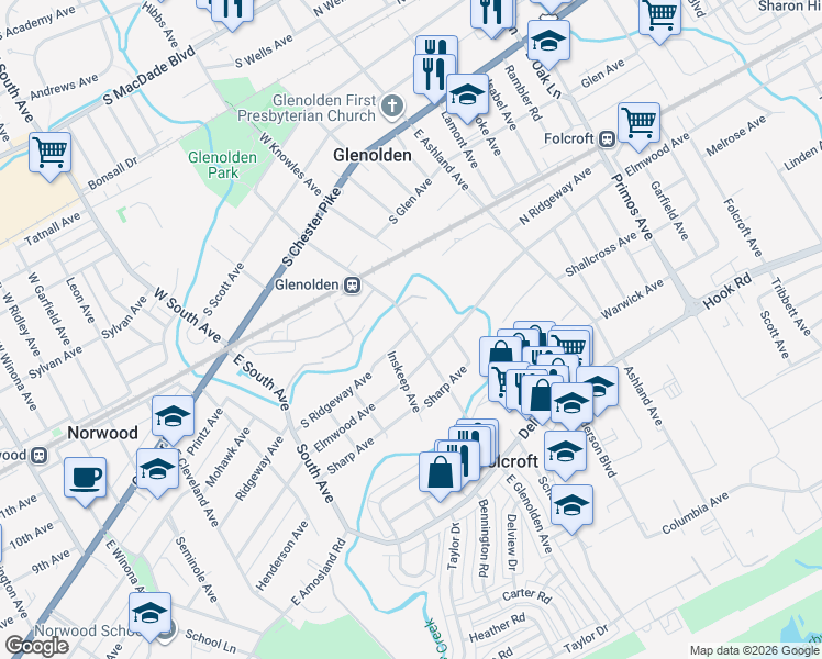 map of restaurants, bars, coffee shops, grocery stores, and more near East Glenolden Avenue in Glenolden