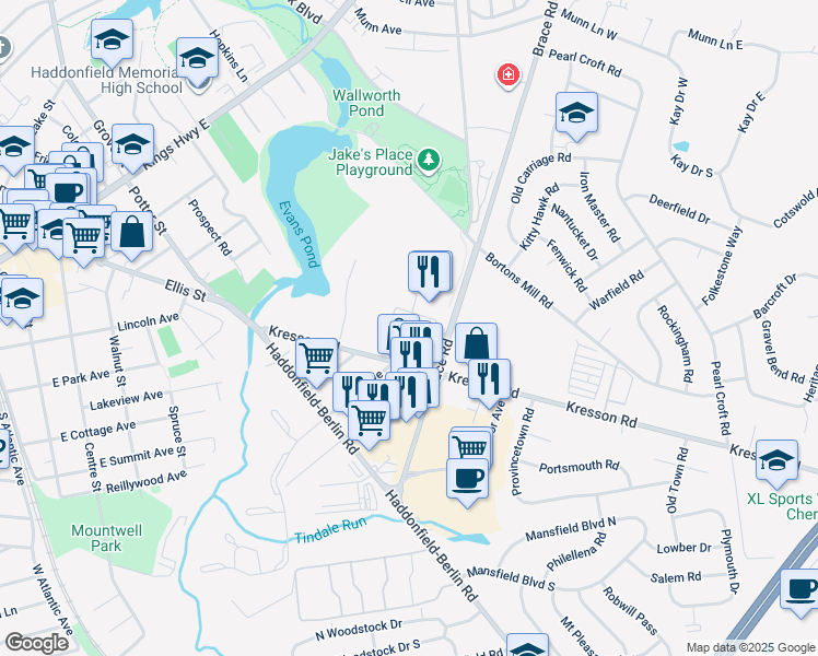 map of restaurants, bars, coffee shops, grocery stores, and more near 1334 Brace Road in Cherry Hill