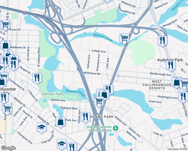 map of restaurants, bars, coffee shops, grocery stores, and more near 10 Princeton Avenue in Gloucester City