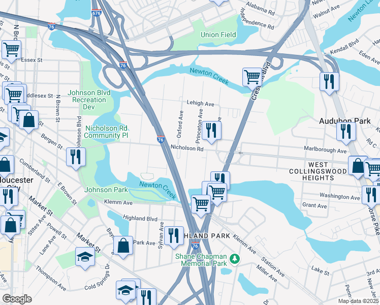 map of restaurants, bars, coffee shops, grocery stores, and more near 10 Princeton Avenue in Gloucester City