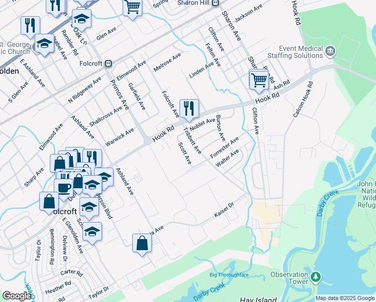 map of restaurants, bars, coffee shops, grocery stores, and more near 1217 Scott Avenue in Sharon Hill