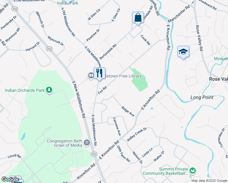 map of restaurants, bars, coffee shops, grocery stores, and more near 125 Spring Street in Media