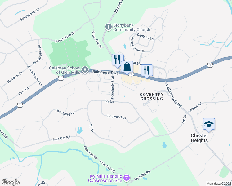 map of restaurants, bars, coffee shops, grocery stores, and more near 12 Dougherty Boulevard in Glen Mills