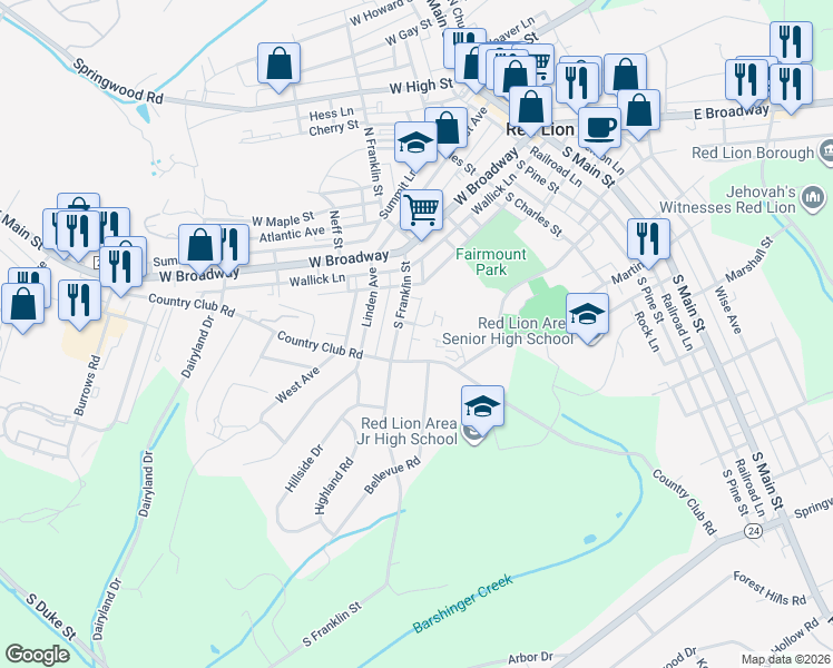 map of restaurants, bars, coffee shops, grocery stores, and more near 127 South Franklin Street in Red Lion