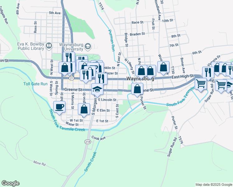 map of restaurants, bars, coffee shops, grocery stores, and more near 295 U.S. 19 in Waynesburg