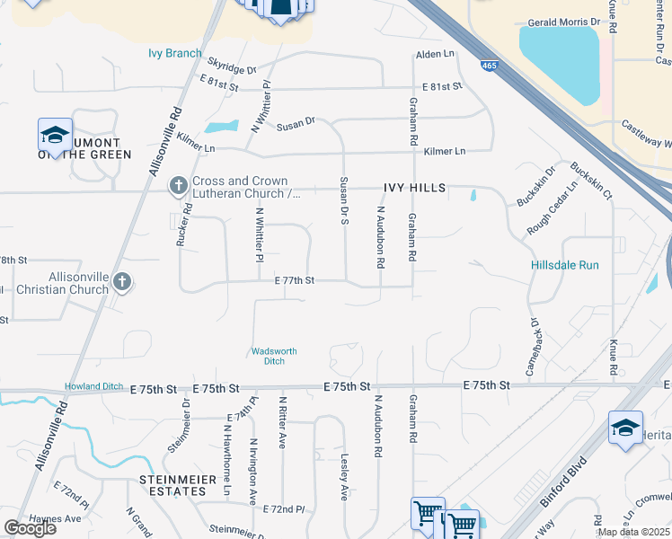 map of restaurants, bars, coffee shops, grocery stores, and more near 7732 Susan Drive South in Indianapolis